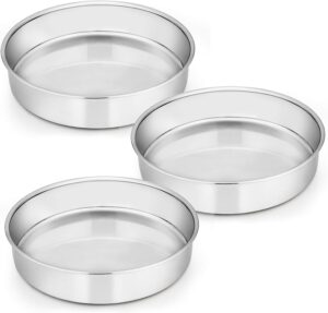 E-far 9½ Inch Cake Pan Set of 3, Stainless Steel Round Cake Baking Pans, Non-Toxic & Healthy, Mirror Finish & Dishwasher Safe