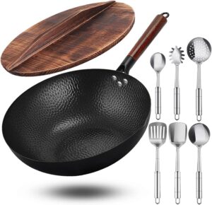 BABYLTRL Wok Pan - 12.8" Woks and Stir Fry Pans, Carbon Steel Wok with Wooden Handle and Lid, 6 Cookware Accessories, Flat Bottom Pan Suits for All Stoves