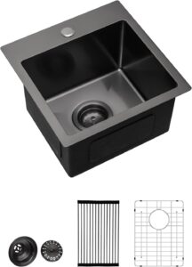 15 Drop Bar Sink - Lordear 15”x15” Kitchen Sink Drop In Topmount Gunmetal Black 16 Gauge Stainless Steel Deep Single Bowl Bar Prep Rv Kitchen Sink Basin