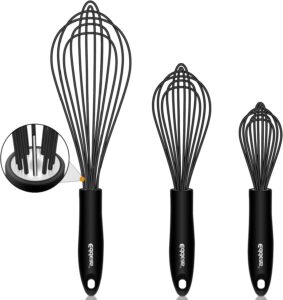 Silicone Whisk, Eddeas Stainless Steel & Silicone Non-Stick Coated Whisks set of 3-Heat Resistant Kitchen Whisks, Balloon Egg Beater Perfect for Blending, Whisking, Beating & Stirring, Black