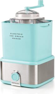 Nostalgia Aqua Blue Electric Ice Cream Maker with Candy Crusher, 2 quart