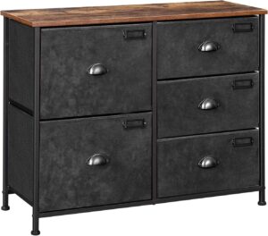 SONGMICS Wide Dresser with 5 Drawers, Industrial Closet Organizer with Metal Frame, Wooden Top, for Hallway, Nursery, Rustic Brown + Black