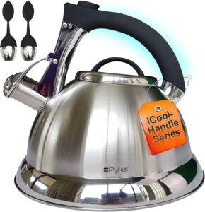 Whistling Tea Kettle with iCool - Handle, Surgical Stainless Steel Teapot for Stovetop, 2 FREE Infusers Included, 3 Quart by Pykal
