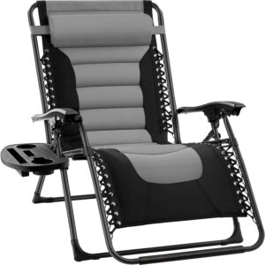 Best Choice Products Oversized Padded Zero Gravity Chair, Folding Outdoor Patio Recliner, XL Anti Gravity Lounger for Backyard w/Headrest, Cup Holder, Side Tray, Outdoor Mesh - Black/Gray