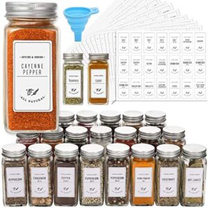 AOZITA 24 Pcs Glass Spice Jars with White Printed Spice Labels - 4oz Empty Square Spice Bottles - Shaker Lids and Airtight Metal Caps - Silicone Collapsible Funnel
