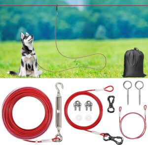 XiaZ Dog Tie Out Cable 50FT, Dog Aerial Run Lead for Large Dogs up to 120lbs, Heavy Duty Dog Runner for Yard, Camping, Outdoor, with 15 Ft Dog Running Lead, Cable Sling to Protect Trees