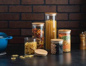 Set of 5 Glass Kitchen Canisters with Airtight Bamboo Lid - Glass Storage Jars for Pantry Organization and Bathroom for Flour, Coffee, Cookie Jar, Candy, Snack, Pasta, Rice, Sugar Packet Holder