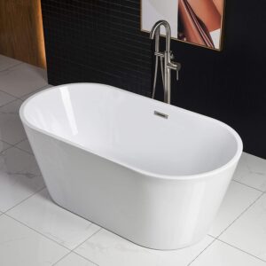WOODBRIDGE 59" Acrylic Freestanding Bathtub Contemporary Soaking White Tub with Brushed Nickel Overflow and Drain,B0014-BN