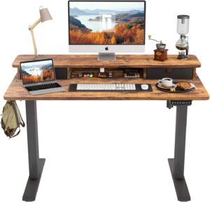 FEZIBO Height Adjustable Electric Standing desk with Double Drawer, 48 x 24 Inch Table with Storage Shelf, Sit Stand Desk with Splice Board, Black...