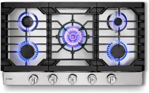 FOTILE GLS36502 36” Stainless Steel 5-Burner Gas Cooktop, Tri-Ring 22,000 BTUs Center Burner with Flame Failure Protection Removable Grates and Installation/LP Kit