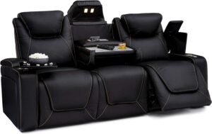 Seatcraft Vienna Home Theater Seating - Top Grain Leather - Power Recline - Power Headrest - Powered Lumbar - AC USB Charging - Cup Holders - (Sofa with Fold Down Table, Black)