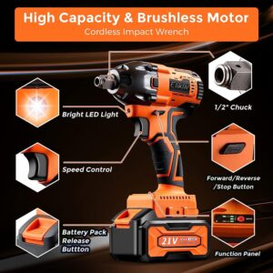 Cordless Impact Wrench 1/2", Elikliv 21V 4.0Ah Power Impact Driver 380Nm Torque with 2pcs Battery, Charger, 6pcs Sockets, 14pcs Driver and Drill Bits -...