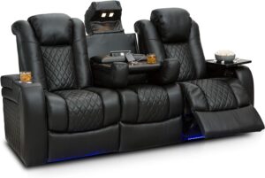 Seatcraft Anthem Home Theater Seating - Top Grain Leather - Power Recline Sofa - Fold-Down Table - Powered Headrests - Arm Storage - AC/USB and Wireless Charging - Cup Holders, Black