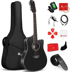 Vangoa 12 String Guitar, Twelve String Guitar Acoustic Electric Cutaway Guitarr Bundle for Beginner Adults, Teens, Spruce Top, Bone Nut, Upgraded Starter Kit, Black Matte
