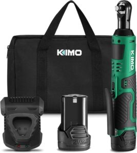 KIMO 3/8" Cordless Electric Ratchet Wrench Set, 40 Ft-lbs 400 RPM 12V Cordless Ratchet Kit w/ 60-Min Fast Charge, Variable Speed Trigger, 2.0Ah Lithium-Ion Battery Powered Ratchet Wrench