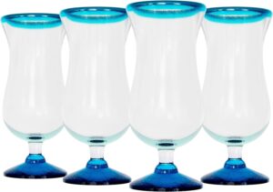 Amici Home Aqua Rim Hurricane Glass | Set of 4 | Authentic Mexican Handmade Glassware | Bar Glasses for Pina Coladas, Cocktails, and Other Beverages | 16 Oz