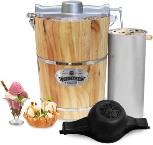 Elite Gourmet Old Fashioned 6 Quart Vintage Wood Bucket Electric Ice Cream Maker Machine Appalachian, Bonus Classic Die-Cast Hand Crank for Churning, Uses Ice and Rock Salt Churns Ice Cream in Minute