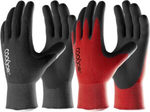 COOLJOB Gardening Gloves for Men, 6 Pairs Breathable Rubber Coated Garden Gloves for Weeding Landscaping, Outside Work Gloves for Lawn Yard, Men’s Large Size, Black & Red (Half Dozen L)
