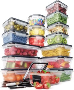 32 Piece Food Storage Containers Set with Easy Snap Lids (16 Lids + 16 Containers) - Airtight Plastic Containers for Pantry & Kitchen Organization - BPA-Free with Free Labels & Marker
