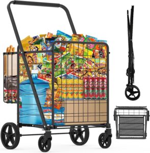 Jumbo Shopping Cart for Groceries, 30.7 Gallons Folding Grocery Cart with Waterproof Bag, 360° Swivel Wheels & Double Basket, Portable Heavy Duty Utility Cart for Shopping/Laundry-Hold Up to 440 LBS