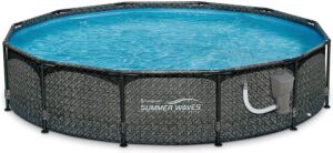 Summer Waves 12' x 33" Outdoor Round Metal Frame Above Ground Swimming Pool with Skimmer Filter Pump and Filter Cartridge, Gray Wicker