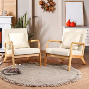 ELUCHANG Mid-Century Modern Chair,Accent Chair with Lumbar Pillow,Upholstered Armchair,Linen Fabric Comfy Reading Chair, Lounge Side Chair for Living Room Bedroom Apartment,Easy Assembly(Beige,2pcs)