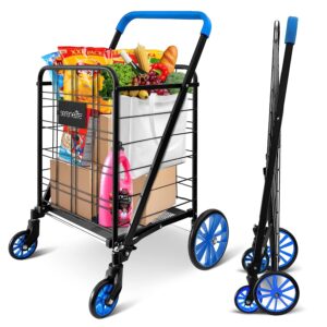 Utility Shopping Supermarket Cart, 360 Rolling Swivel Front Wheels, Collapsible Utility Cart, Heavy Duty, Portable, 3.5" D x 19.5" W x 38" H, Large Capacity 110 lbs, Luggage, Laundry, Blue