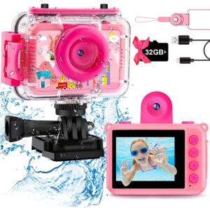 GKTZ Kids Waterproof Camera - 180 Rotatable 1080P HD Children Digital Action Camera Underwater Camera with 32GB SD Card, Birthday Gift Toys for Girls Age 3-14