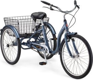 Schwinn Meridian Adult Tricycle Bike, Three Wheel Beach Cruiser, 24 & 26-Inch Wheels, Low Step-Through Aluminum Frame, Adjustable Handlebars, Large Cruiser Seat, Rear Folding Basket