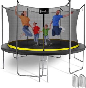 Doufit Upgraded 8FT 10FT 12FT 15FT Trampolines with Enclosure Net and Ladder, ASTM Approved Outdoor High-Capacity Family Yard Recreational Trampoline for Kids & Adults with PVC Cover & Wind Stake