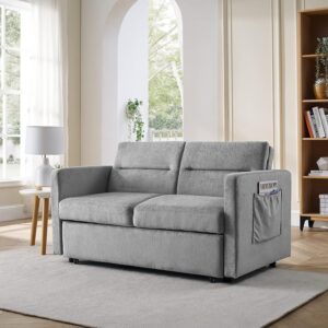 FANYE Chenille Upholstered Loveseat Sleeper w/Side Storage Pockets, 54.5" 2-Seaters Sofa with Pull-Out Couch Bed with Adjustable Cushions Backrest for Living Room Apartment Office Small Space, Grey