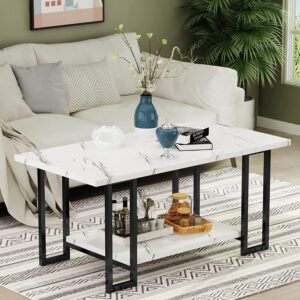 AWQM Faux Marble Top Rectangular Coffee Table with Black Metal Frame, 2 Tier Table for Living Room, Office, Balcony, White, 40 Inch