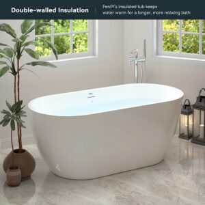 FerdY Bali 59" Acrylic Freestanding Bathtub, Gracefully Shaped Freestanding Soaking Bathtub with Brushed Nickel Drain & Minimalist Linear Design Overflow, Glossy White, cUPC Certified