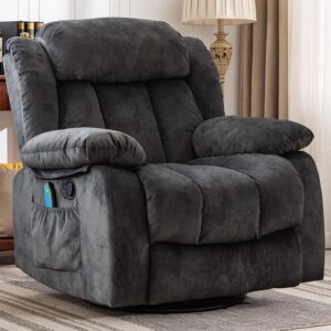 CANMOV Massage Rocker Recliner with Heat and Vibration, 360 Degree Swivel Manual Antiskid Fabric Single Sofa Heavy Duty Reclining Chair for Living Room, Grey