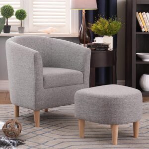 DAZONE Accent Chair with Ottoman, Mid Century Modern Barrel Comfy Fabric Armchair and Footrest Set, Upholstered Club Tub Round Arms Chair for Living Room Bedroom Reading Room, Grey