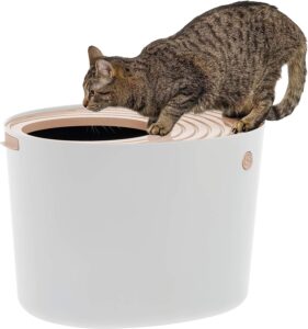 IRIS USA Large Stylish Round Top Entry Cat Litter Box with Scoop, Curved Kitty Litter Pan with Litter Particle Catching Grooved Cover and Privacy Walls,...