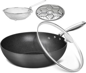 MICHELANGELO Nonstick Wok with Lid, Hard Anodized Wok Pan, Induction Wok 12 Inch, Large Wok Pan with Flat Bottom, Cooking Wok with Steamer Rack & Fry Basket, Woks and Stir Fry Pans - 5 Quart