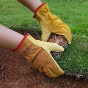 OZERO Leather Work Gloves Flex Grip Tough Cowhide Gardening Glove for Wood Cutting/Construction/Truck Driving/Garden/Yard Working for Men and Women 1 Pair (Gold,Medium)