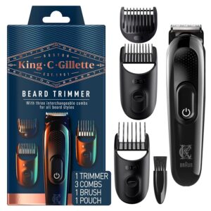 King C. Gillette Cordless Beard Trimmer for Men, Kit includes 1 Trimmer, 3 Interchangeable Combs, 1 Cleaning Brush, 1 Charger, 1 Travel Bag, BLUE