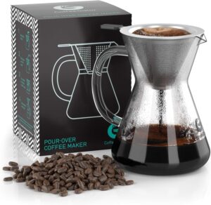Coffee Gator Pour Over Coffee Maker - 14 oz Paperless, Portable, Drip Coffee Brewer Pour Over Set w/Glass Carafe & Stainless-Steel Mesh Filter, 400ml Clear