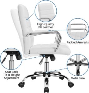 Yaheetech Mid-Back Office Chair with Arms 360° Swivel PU Leather Height Adjustable Office Executive Chair, White