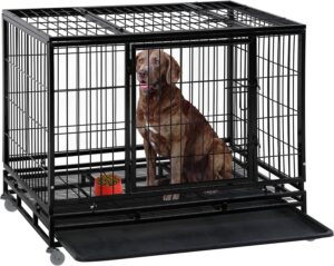 Dog Crate Cage for Large Dogs Heavy Duty 48 Inches Dog Kennel Pet Playpen for Training Indoor Outdoor with Plastic Tray Double Doors & Locks Design