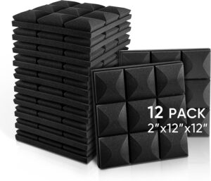 Fstop Labs Acoustic Foam Panels, 12 Pack Black 2'' X 12" X 12" Mushroom Studio Wedge Tiles, Sound Panels Sound Proof Foam Panels Sound Proofing Padding For Wall