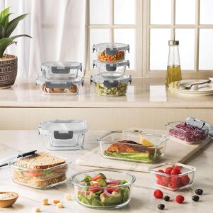 FineDine Superior Glass Food Storage Container - Newly Innovated Hinged BPA-free Locking lids - 100% Leakproof Glass Meal-Prep Containers - 24 Piece