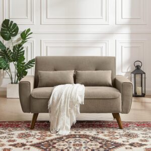 Pingliang Home 48" Small Loveseat Sofa, Mid Century Modern Linen Love Seat Couch, 2 Seat Tufted Couches with Throw Pillows and Tapered Wood Legs for Living Room, Apartment, Bedroom and Small Spaces