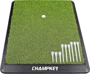 CHAMPKEY Premium Synthetic Turf Golf Hitting Mat | Heavy Duty Rubber Base Golf Practice Mat | Come with 1 Rubber Tee and 9 Plastic Tees