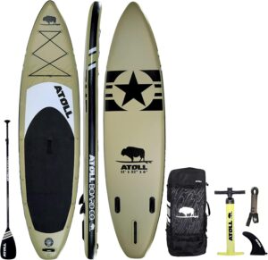 Atoll 11' Foot Inflatable Stand Up Paddle Board (6 Inches Thick, 32 inches Wide) ISUP, Bravo Hand Pump and 3 Piece Paddle, Travel Backpack and...