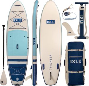 ISLE Pioneer Inflatable Stand Up Paddle Board, Incl. Coil Leash, Touring Center Fin, Backpack, Hand Pump, Paddle - Beginner Friendly SUP
