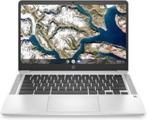 About this item Equipped With The Most Powerful and Fast Intel Celeron Processor N Series, 1.1 GHz base clock, up to 2.6 GHz max boost clock, 4 MB cache, 4 Threads. 14.0-inch diagonal HD SVA anti-glare micro-edge WLED-backlit display (1366 x 768) I Intel UHD Graphics 605 Integrated 4GB RAM | 64GB eMMC Internal Storage 2 SuperSpeed USB Type-C 5Gbps signaling rate (USB Power Delivery, DisplayPort 1.2); 1 SuperSpeed USB Type-A 5Gbps signaling rate; 1 headphone/microphone combo; 1 microSD media card reader Google Chrome OS, HP Wide Vision HD Camera with integrated dual array digital microphone, Full-size island-style keyboard, Realtek Wi-Fi 5 (2x2) and Bluetooth 5 combo MU-MIMO supported, Audio by B&O; Dual speakers :