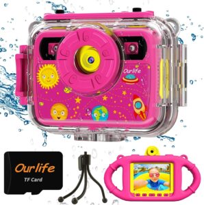 Ourlife Kids Underwater Camera, Selfie Waterproof Cameras Toys for Girls, 1080P 2.4'' Large Screen Cam with 8GB TF Card, Silicone Handle, Fill Light, Christmas Birthday Gift for Girls (Pink)